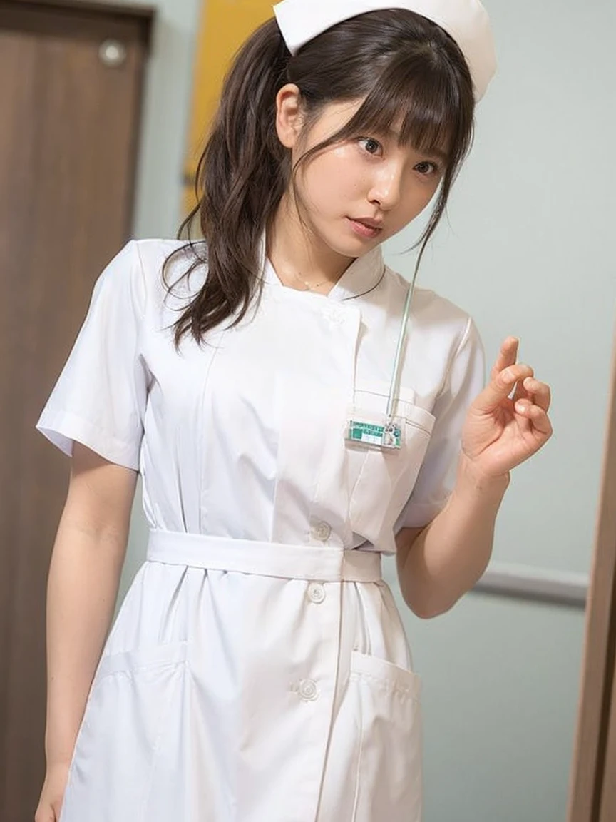 woman, alone, (Wearing white nurse clothes:1.2), ponytail, Black Hair, nurse, Perfect Anatomy, nurse uniform, (Nurse cap), (White costume), Long skirt, hospital, Face close-up,