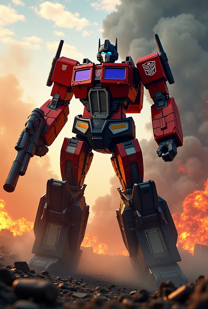 Red. Transformer. Autobot insignia. 1 guns. Holding both arms. Explosions in background. 