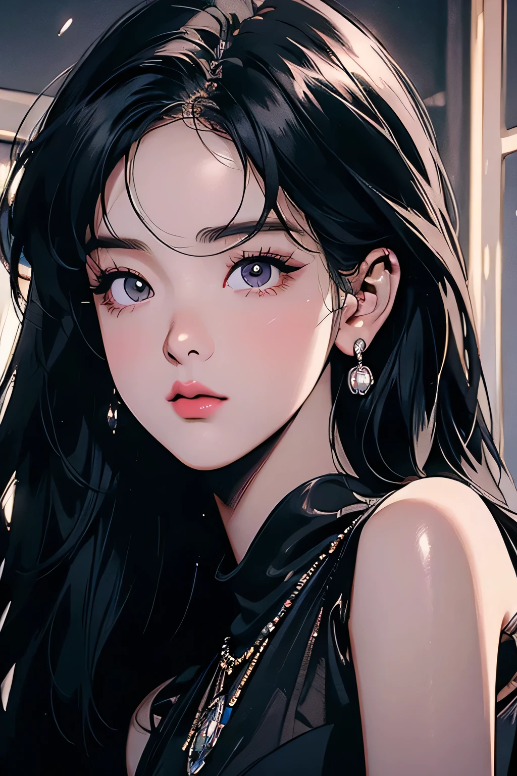 Kim jisoo, a beautiful young woman with black hair, black eyes, wearing a black dress, black ribbon earrings, 1girl, beautiful detailed eyes, beautiful detailed lips, extremely detailed eyes and face, long eyelashes, high fashion, elegant, cinematic lighting, dramatic lighting, intricate details, photorealistic, 8k, ultra-detailed, best quality, masterpiece, vibrant colors, glowing skin, volumetric lighting, natural pose, dynamic composition, dramatic lighting, chiaroscuro, cinematic framing, moody atmosphere, elegant, glamorous