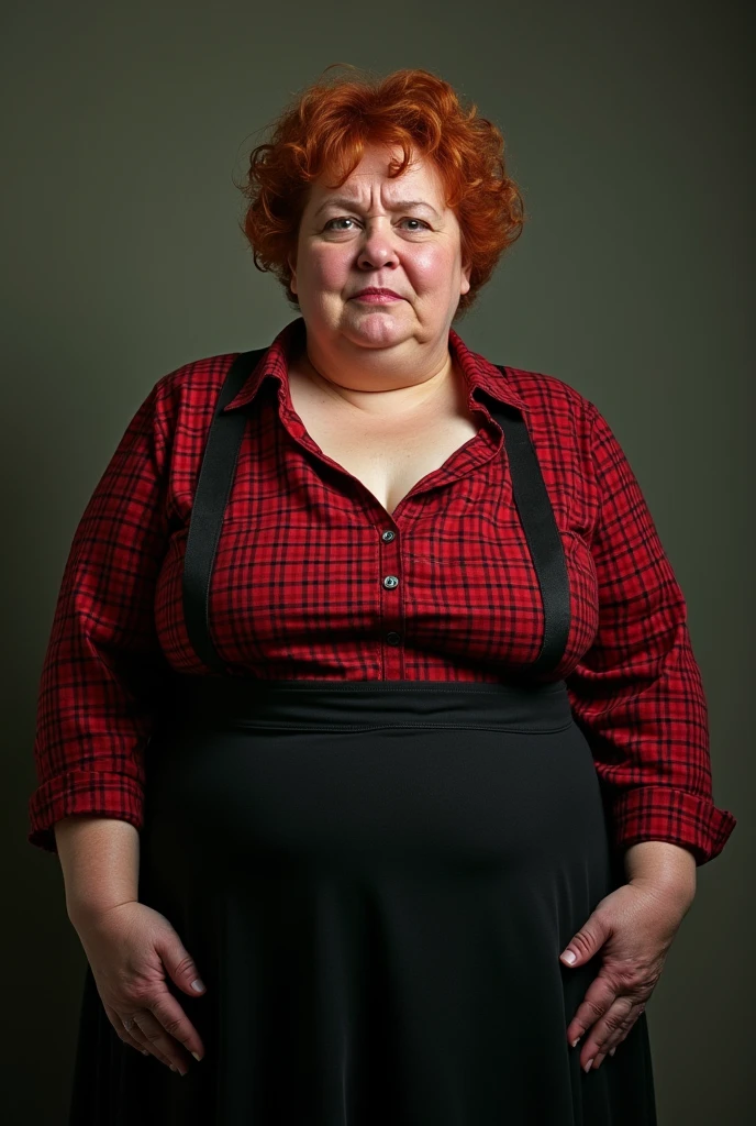 woman 40 years old, obese and fat, bitter, sweet. silly. very short red curly hair badly combed, tight red silky blouse with large black checks half open buttoning showing nipple, long black skirt, long colored apron, round and chubby face of a good-natured red slapped full of tears and snot, downcast gaze, crying, screaming in pain, terrified, dehumanized. trembling, abused, sweaty, urinated on, broken and bleeding lip, desperate, lying on the floor, they pull her hair, they whip her, they insult her, they spit on her.