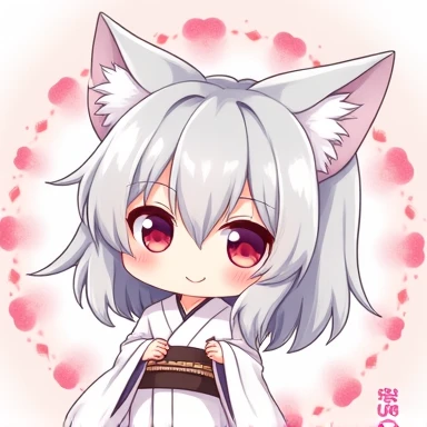 One Woman,Gray Hair,Cat ear,((Chibi Character)) Heterochromia iridis,Eye color,red,White kimono,Star Iris Background(Heart Background,Lots of hearts,pink,Watercolor style) smile,cute,Enter text in the lower right corner of the fantasy image,A very popular font,(((thank you！)))