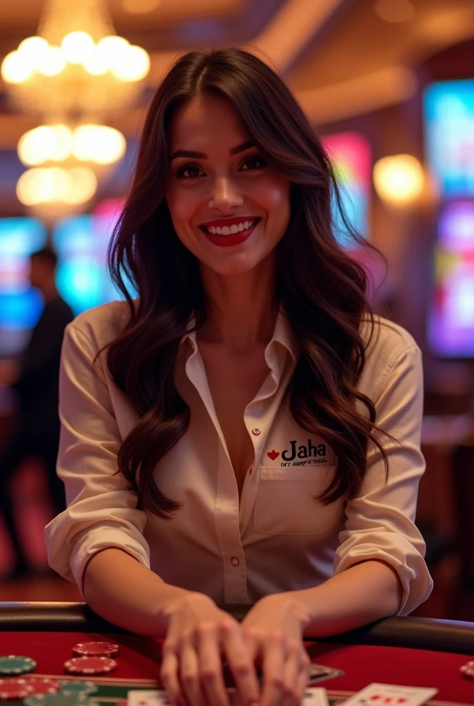 Beautiful brunette woman playing at the casino
Wearing a shirt that says cashier Joha