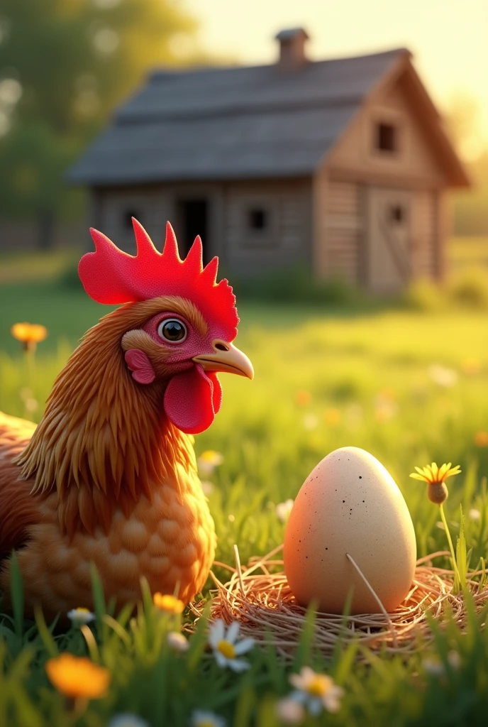 Create a realistic image using the phrase "which came first, the chicken or the egg". 