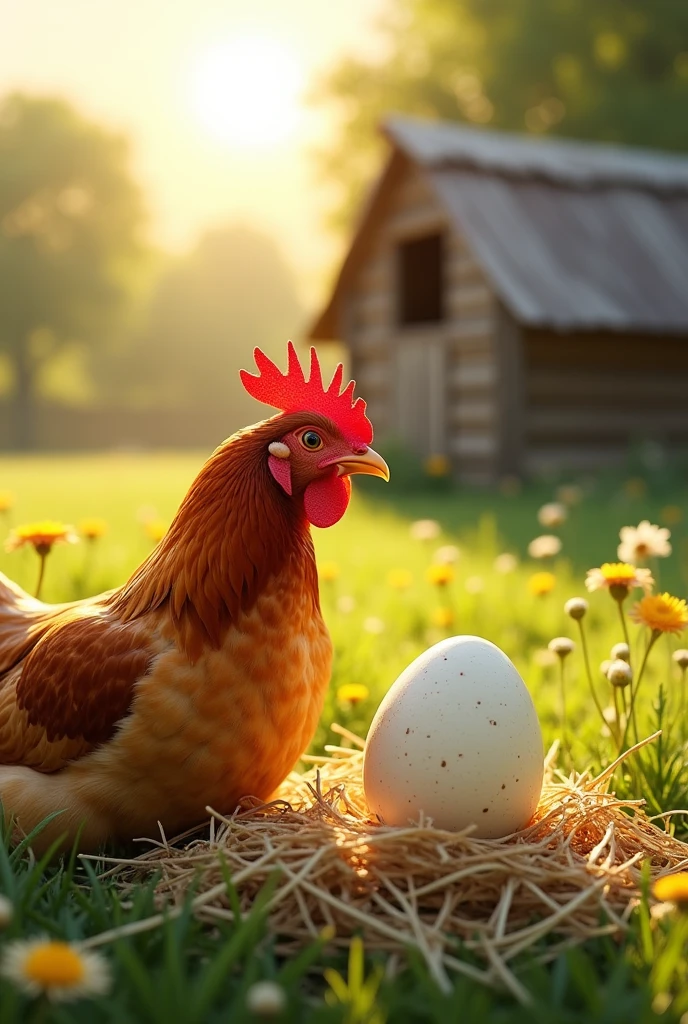 Create a realistic image using the phrase "which came first, the chicken or the egg". 
