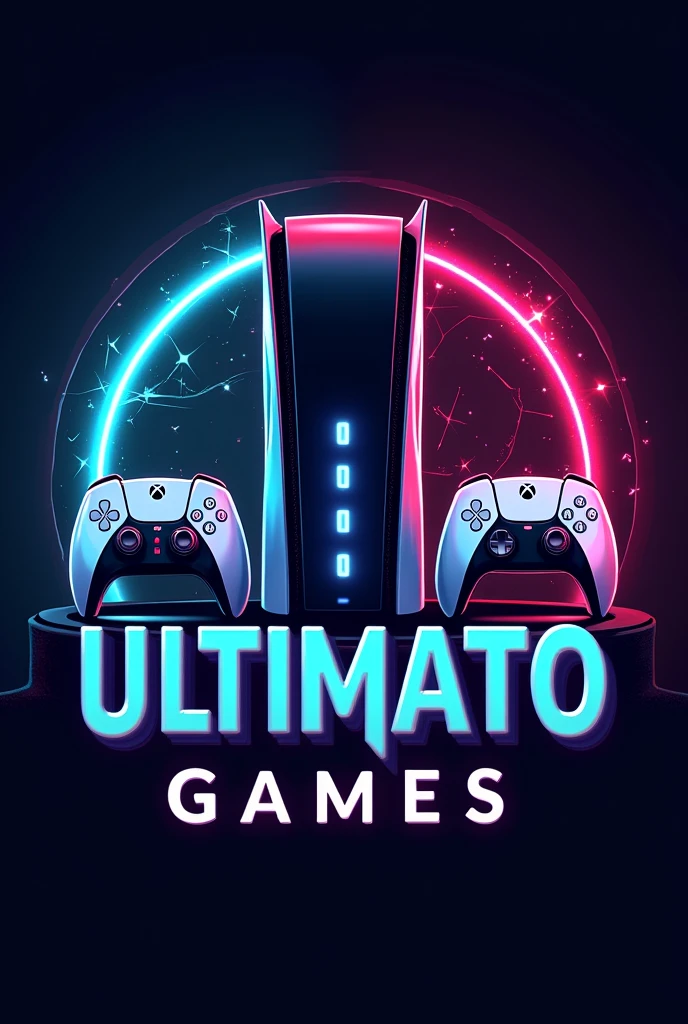 A logo for my YouTube channel, The name is exactly 'Ultimato Games', don't translate it to English.. I want it to have a PC and an Xbox and PlayStation 5 controller
