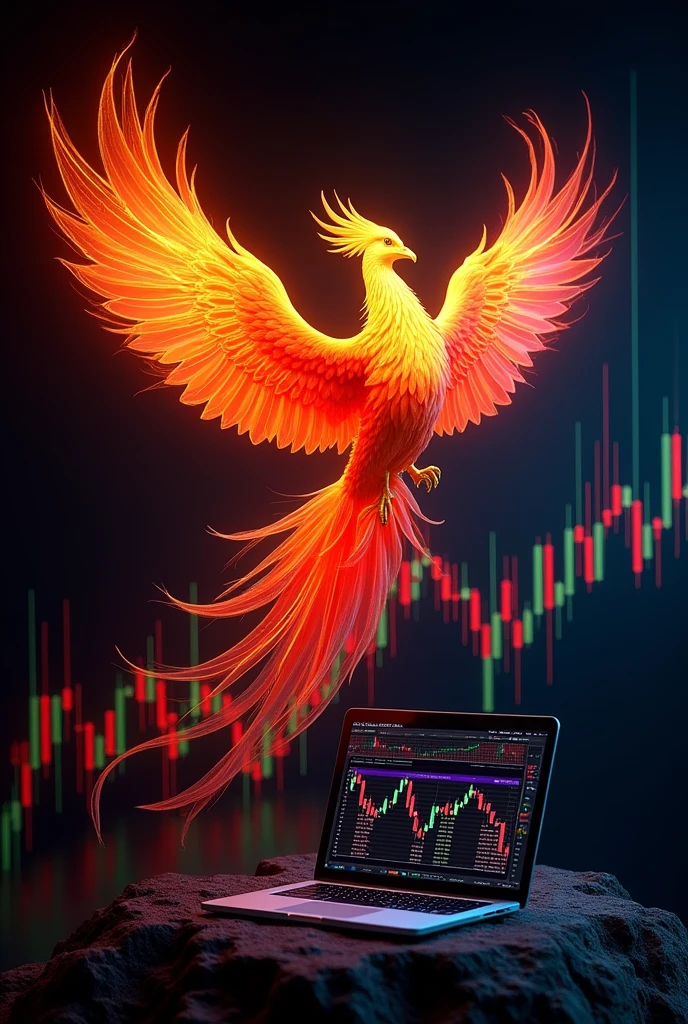 Trading chart with a black background and a phoenix with fire and a small laptop