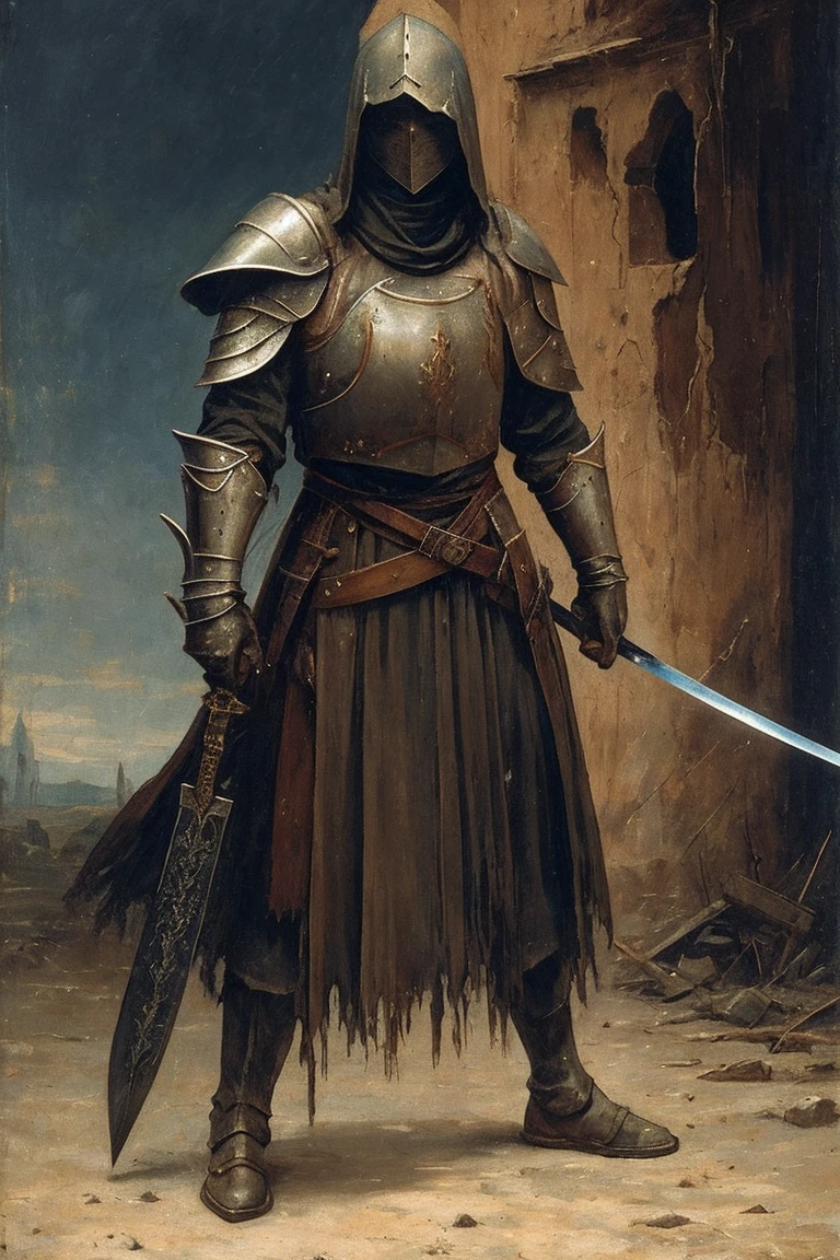 A painting of a woman, mid 30s, tired, crazed cold eyes, mended armor, rags poking through gaps of the armor, bandages, no helmet, short ratty hair, stern eyes, scarred face, slightly gaunt, pale, covered in old blood and puss, fraying bandages holding together armor, in a destroyed village, holding a chipped and stained claymore(sword), very dark at night, no reflections, low visibility, renaissance style painting, crude art, starless night, at nighttime, no light, painterly aesthetic, standing off to the side, paint smudges, crude painting, very dreary, classic oil painting, the sky is colored like charcoal
