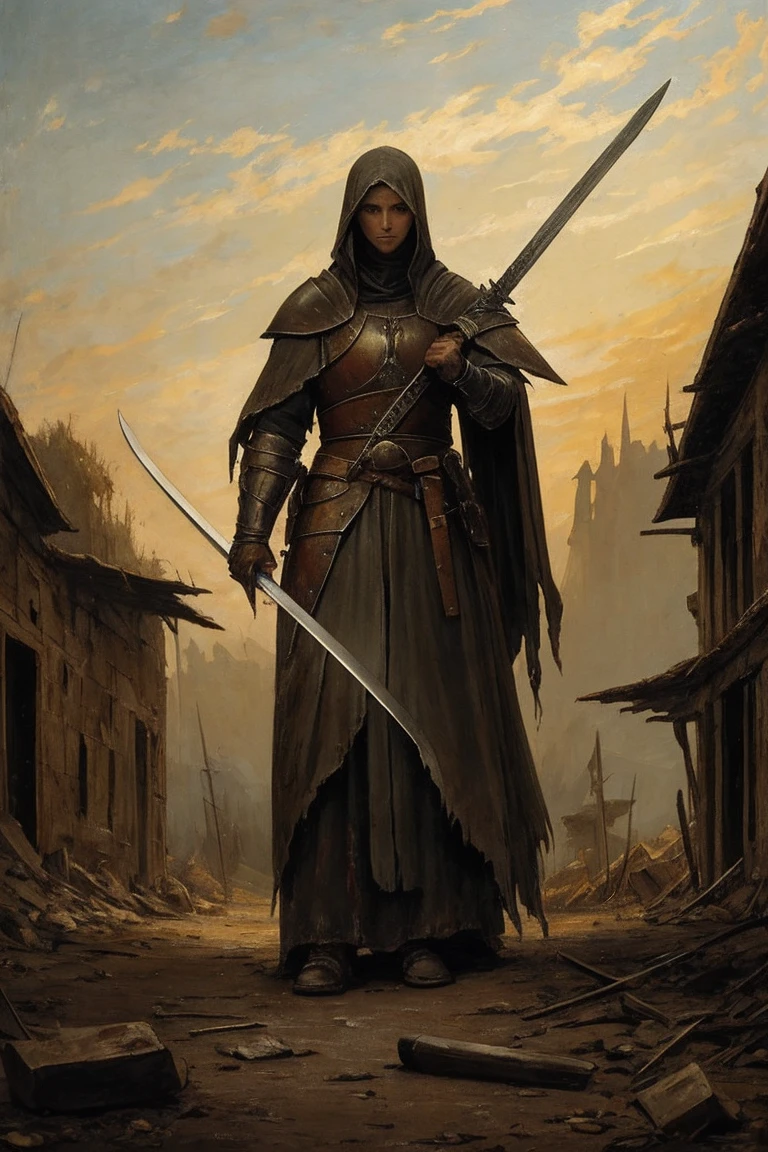 A painting of a woman, mid 30s, tired, crazed cold eyes, mended armor, rags poking through gaps of the armor, bandages, no helmet, short ratty hair, stern eyes, scarred face, slightly gaunt, pale, covered in old blood and puss, fraying bandages holding together armor, in a destroyed village, holding a chipped and stained claymore(sword), very dark at night, no reflections, low visibility, renaissance style painting, crude art, starless night, at nighttime, no light, painterly aesthetic, standing off to the side, paint smudges, crude painting, very dreary, classic oil painting, the sky is colored like charcoal