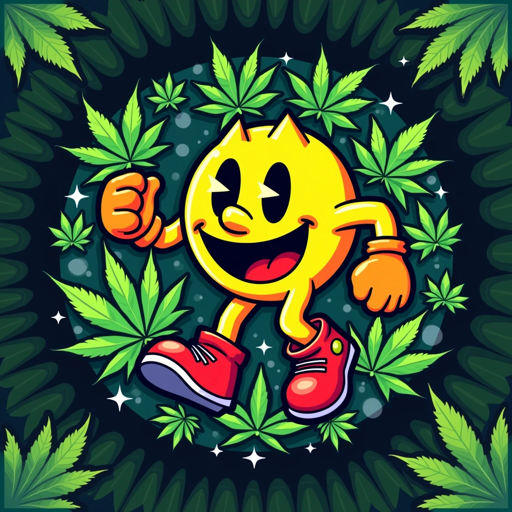 "Imagine a vibrant and eye-catching logo for a cannabis growshop, where the iconic retro video game character, pac-man, occupies the center of the image. The background is filled with stylized cannabis leaves, that intertwine with a pixelated design reminiscent of 80s graphics. pac-man, with its characteristic bright yellow color, He is in a dynamic pose, as if it were 'eating' cannabis leaves, symbolizing growth and fun. The color palette is fresh and cheerful, Combining greens, yellows and hints of blue, creating a friendly and nostalgic atmosphere that appeals to both video game lovers and cannabis enthusiasts. no text, the image speaks for itself, merging retro culture with nature."
