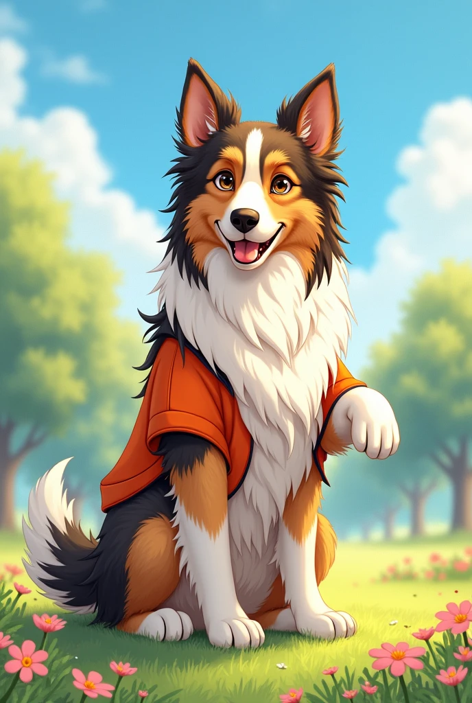 Anime style drawing of an old, large, bearded Collie dog (lead and white color) with a large orange vest showing its paw