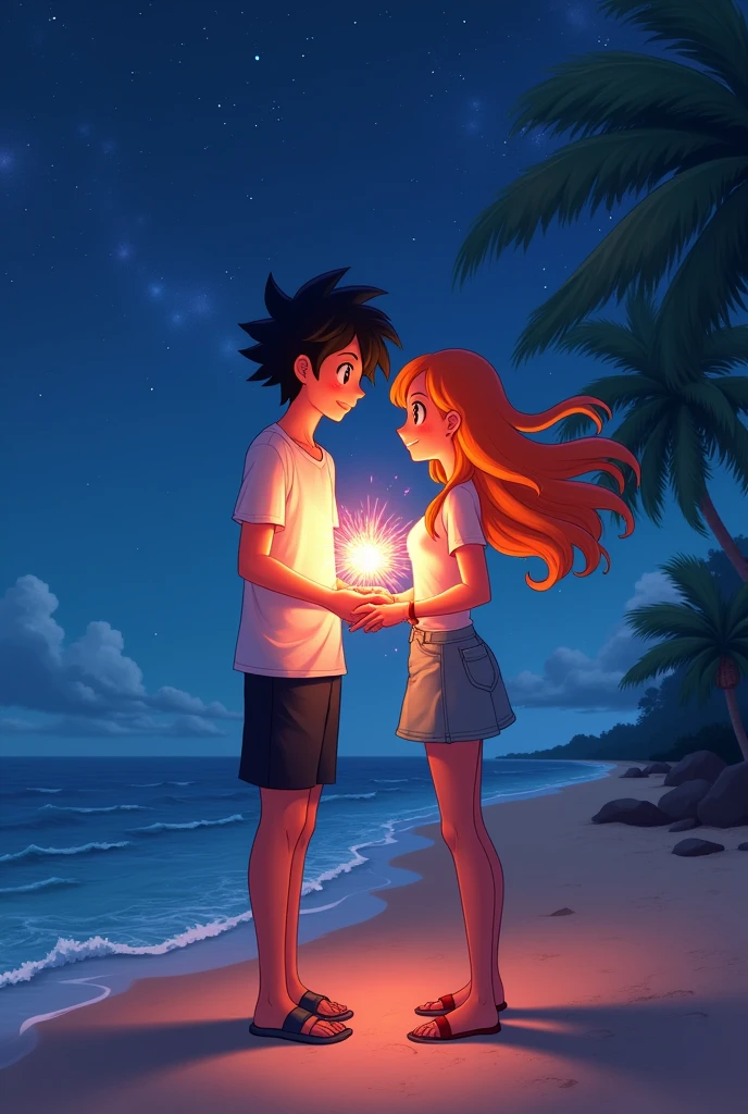Draw a picture of Ash and Misty as adults on the beach at night holding fireworks as a couple.
Let her have orange hair.
He has black hair.