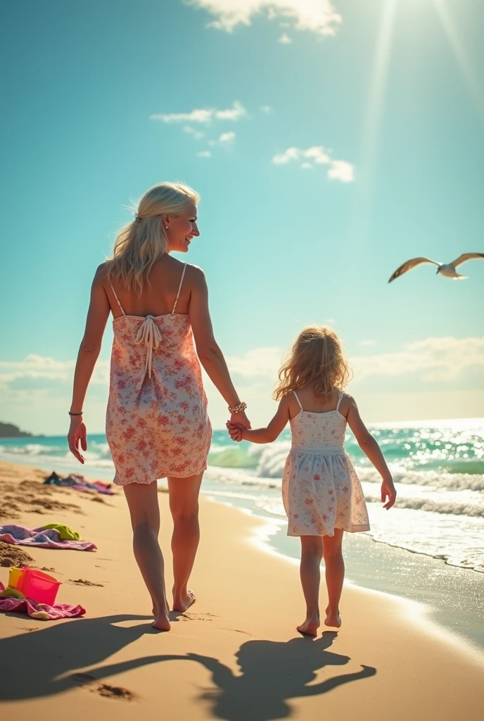 A cute young mother with stylish hair, wearing a summer short dress, walking along a beach at sunset. The waves are gently crashing, and she looks happy and content. closeup, capture to thighs
