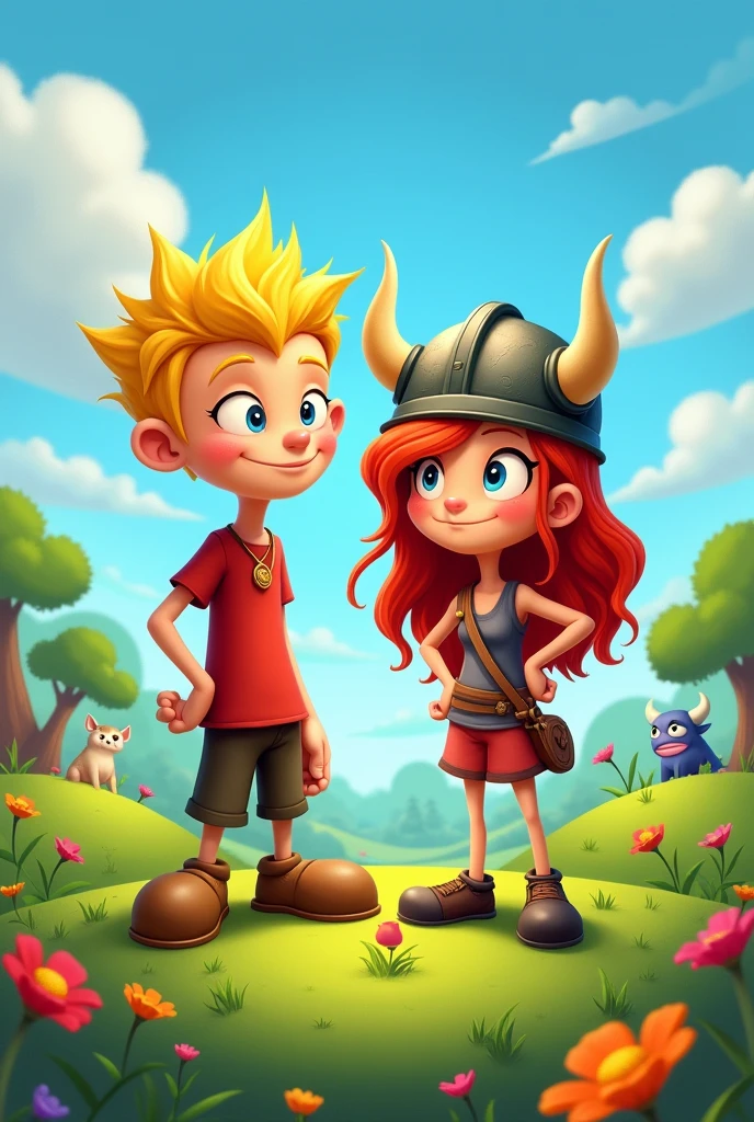 Rayman, a boy without limbs, blonde next to Barbara, a red-haired girl with a Viking helmet