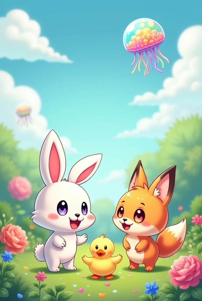 a rabbit next to a fox a jellyfish and a duck, all in a chibi style