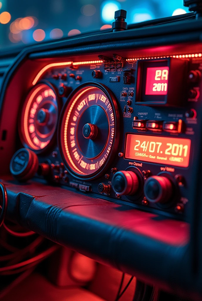 Internal panel of the delorean time machine from the movie Back to the Future. Include the dates 24/02/2011 20/01/2015 and 20/07/2021. Use the same original spelling from the movie that appears on the time machine's panel