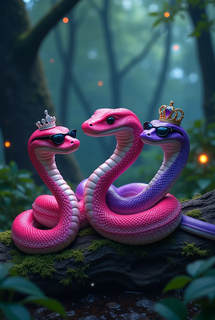 three boa constrictor, like LOLA BOA from Brandy & Mr. Whisker, together like Regina, Karen and Gretchen from MEAN GIRLS.

One boa neon pink with a princess tiara, the other boa red white and black with black neorave sunglasses, and the other boa neon purple with a queen crown, together in a black forest.