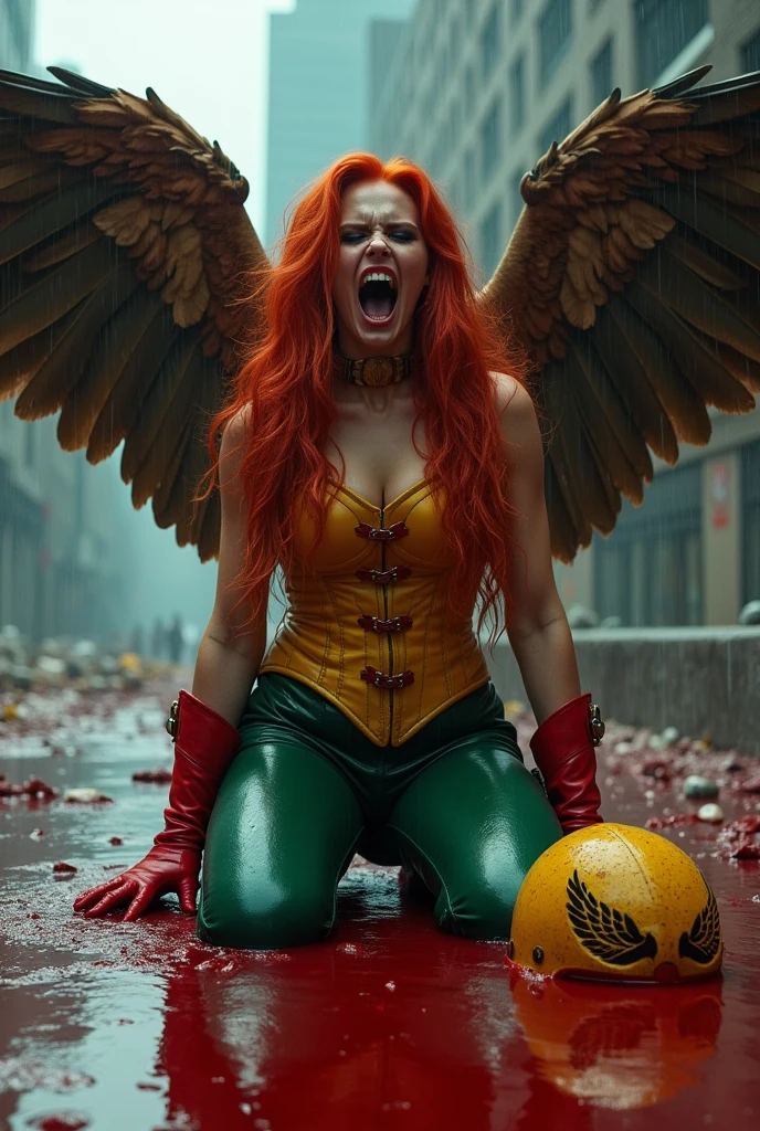 A beautiful woman Gaia Weiss under the mantle of the Thanagarian Warrior Shayera Holl aka Hawkgirl Long red hair on her knees with her hands on her face screaming exhausted after a battle blood around her in an apocalyptic rainy city yellow leather corset with thick straps sticking out from her neck to her waist and green leather pants red boots and red gloves large brown wings reflection of her in the blood terrifying and bloody images two large wings protruding from her back yellow helmet with falcon-shaped wings on the floor with falcon-shaped wings inside the blood Dc universe logo