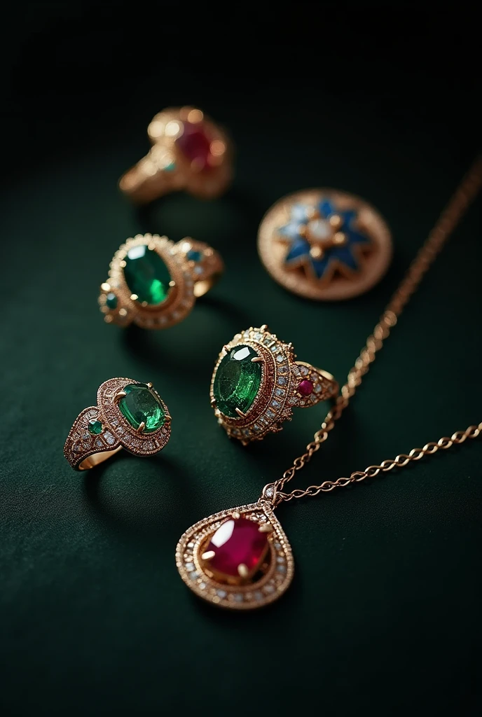 (masterpiece:1.3), (8K、photorealistic, Raw photo, best quality:1.4),Create a set of conceptual images showcasing luxury jewelry inspired by the brand 'Reliquia'. The designs should focus on timeless elegance, featuring gothic-inspired motifs with a modern twist. The jewelry pieces should include intricate yet minimalist details, using metals like gold and silver, adorned with gemstones that evoke historical significance, such as emeralds, rubies, and sapphires. The aesthetic should balance classic heritage and contemporary sophistication, with ornate yet refined elements that feel luxurious and exclusive. The overall atmosphere should be elegant, with dark, moody backgrounds that contrast beautifully with the shine of the jewelry, enhancing their mysterious and prestigious allure.