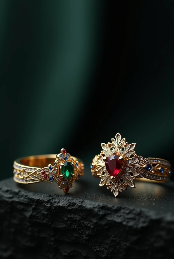 (masterpiece:1.3), (8K、photorealistic, Raw photo, best quality:1.4),Create a set of conceptual images showcasing luxury jewelry inspired by the brand 'Reliquia'. The designs should focus on timeless elegance, featuring gothic-inspired motifs with a modern twist. The jewelry pieces should include intricate yet minimalist details, using metals like gold and silver, adorned with gemstones that evoke historical significance, such as emeralds, rubies, and sapphires. The aesthetic should balance classic heritage and contemporary sophistication, with ornate yet refined elements that feel luxurious and exclusive. The overall atmosphere should be elegant, with dark, moody backgrounds that contrast beautifully with the shine of the jewelry, enhancing their mysterious and prestigious allure.