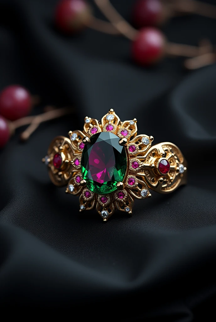 (masterpiece:1.3), (8K、photorealistic, Raw photo, best quality:1.4),Create a set of conceptual images showcasing luxury jewelry inspired by the brand 'Reliquia'. The designs should focus on timeless elegance, featuring gothic-inspired motifs with a modern twist. The jewelry pieces should include intricate yet minimalist details, using metals like gold and silver, adorned with gemstones that evoke historical significance, such as emeralds, rubies, and sapphires. The aesthetic should balance classic heritage and contemporary sophistication, with ornate yet refined elements that feel luxurious and exclusive. The overall atmosphere should be elegant, with dark, moody backgrounds that contrast beautifully with the shine of the jewelry, enhancing their mysterious and prestigious allure.