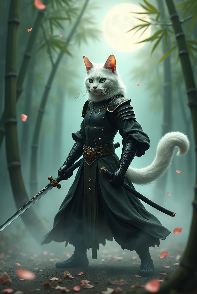 a humanoid white cat wearing a katana called uchigatana, wearing black leather armor