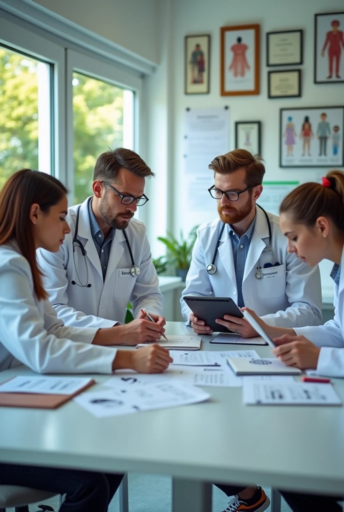 Young doctors working in an office, four, Photography Style, very realistic