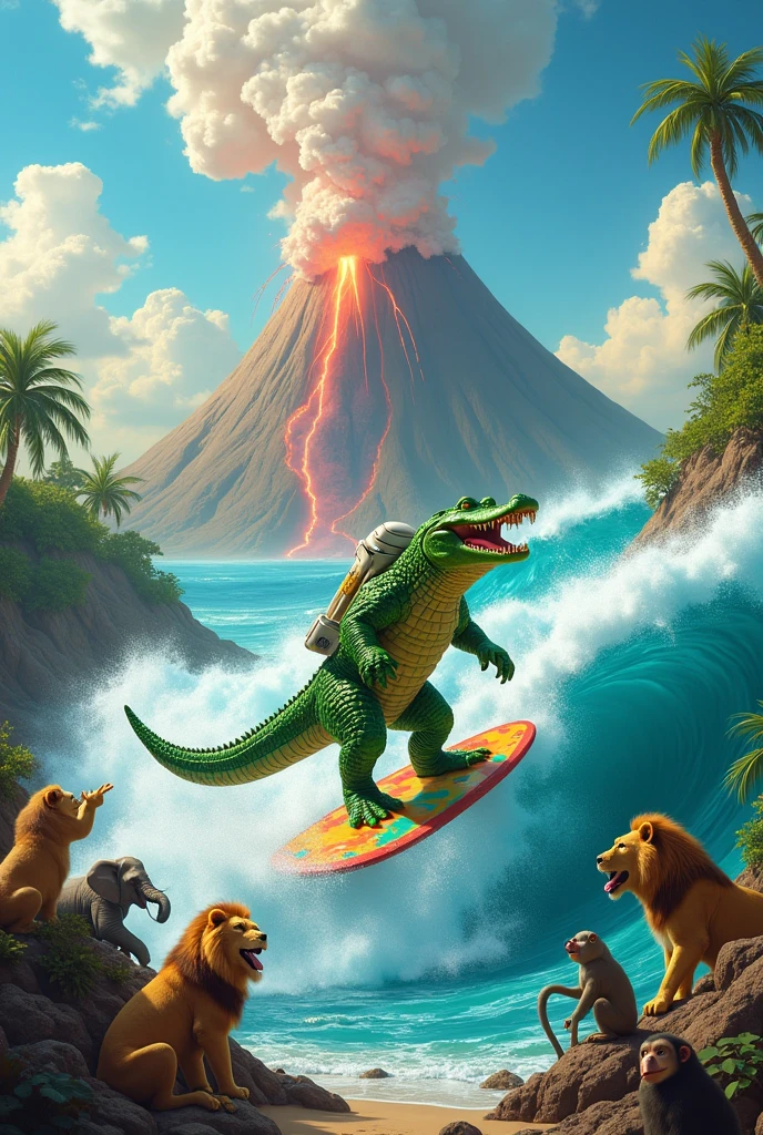 Make me a crocodile surfing with an astronaut suit with the whole animal world clapping and God in heaven the same while a volcano erupts with ice cream