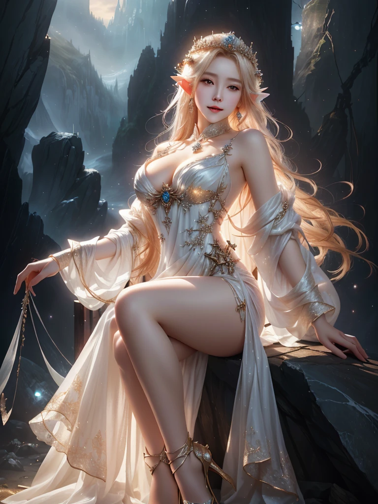 A woman draped in a white dress sitting on a rock., a beautiful fantasy empress, by Yang J, fantasy art style, ((a beautiful fantasy empress)), anime goddess, fantasy woman, by Victor Wang, Beautiful lady de fantasía, Beautiful lady, trend on cgstation, beautiful fantasy art, Beautiful and elegant elf queen, Wlop art, Beautiful character painting