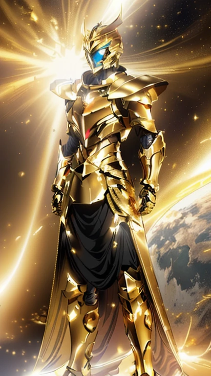 Image of a man in armor standing in front of a planet, golden armour, gold armour suit, sleek gold armour, golden sci-fi armor, unreal engine render saint seiya, golden armour wearing, gold armour, gold heavy armor. Dramatic, gold paladin, gold obsidian armor, golden armour, paladin golden armour, wearing golden armour