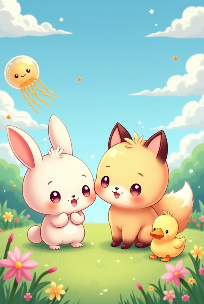 a rabbit next to a fox a jellyfish and a duck, all in a chibi style