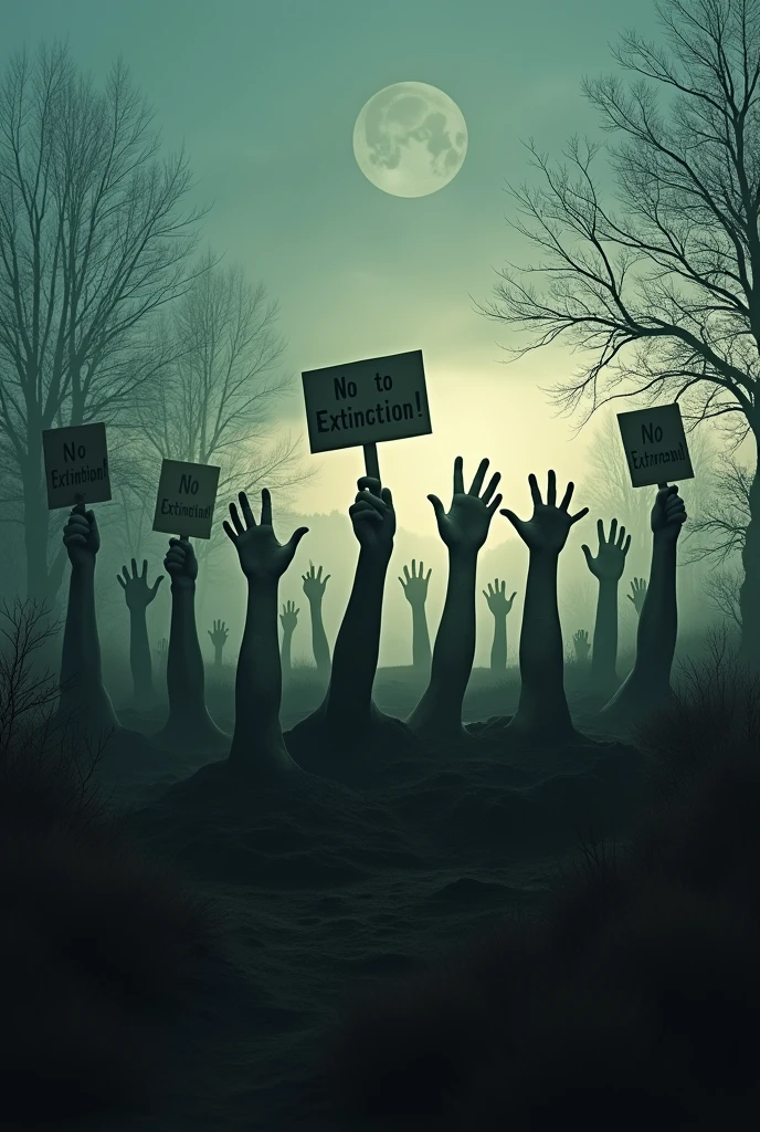Protest march of extinct animals where only their hand comes out saying no to extinction