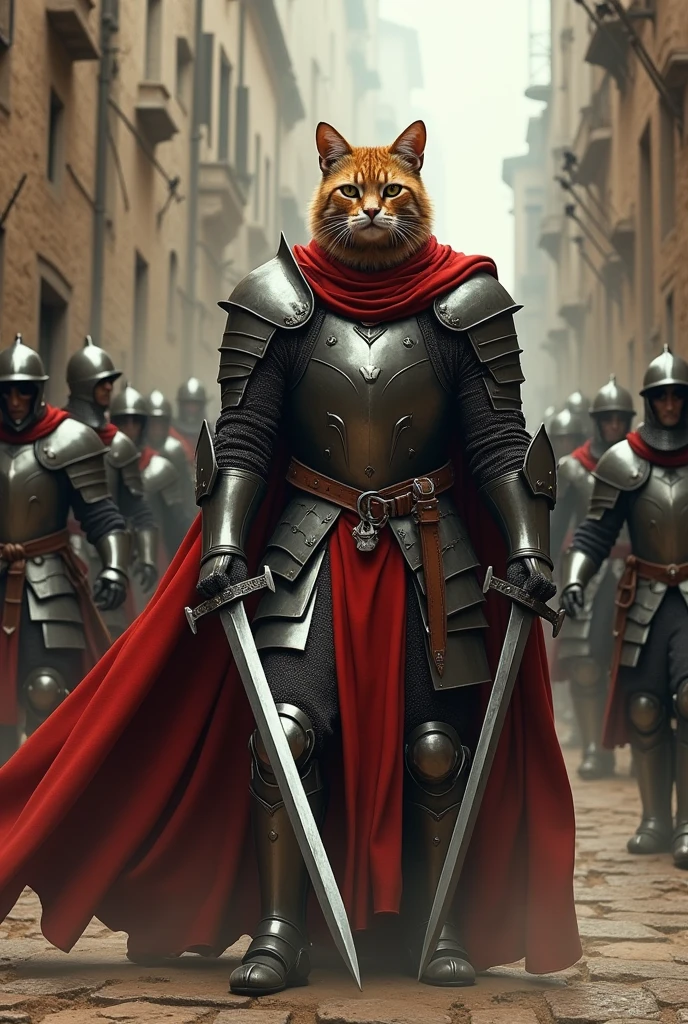 "A knight with the head of a cat, wearing a full medieval armor and holding swords in both hands, stands in the middle of an ancient city street. Behind him, a group of armored soldiers is ready for battle. The atmosphere is tense, with arrows stuck in the background walls and dust filling the air. The cat knight is wearing a red cape that contrasts with the metallic gray armor, and the scene has a sense of an impending conflict."