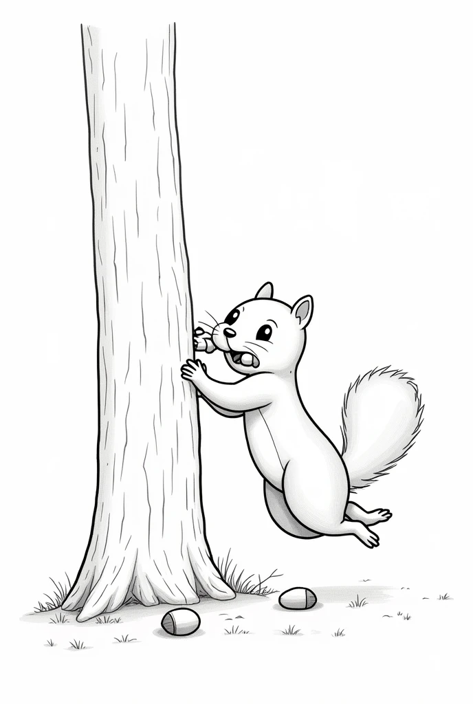 ""A busy squirrel scurrying up a tree trunk, collecting acorns in its mouth, with a few scattered around its feet, anime,one line,clean and minimalistic line,line drawing style, pure white background.