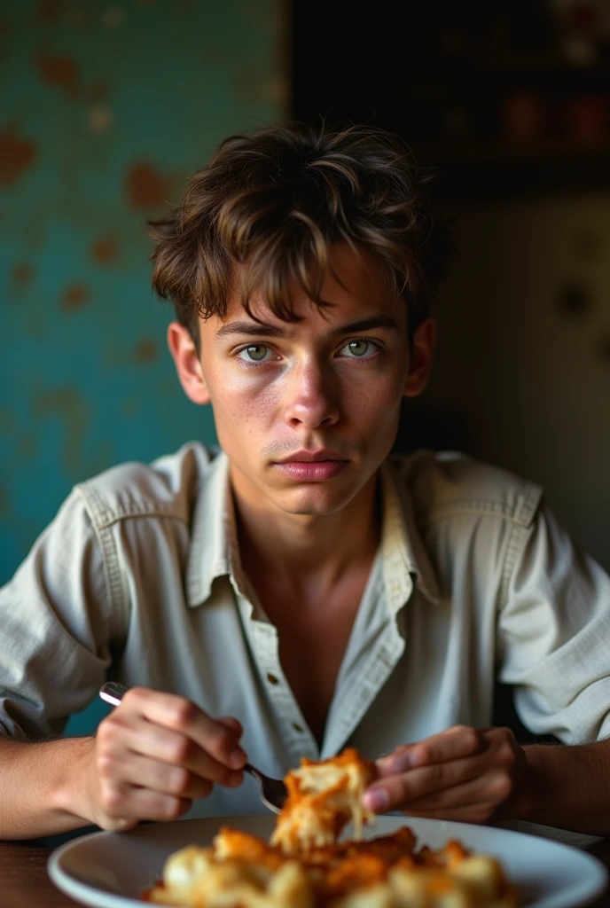 Young man , face perfect, honey eyes , skinny sexy , wearing no shirt, muscular straight rebellious hair, is sitting at the table, reading a book, in my kitchen in the favela  , dirty poor kitchen, falling apart, young man studying with his school friend, another young man , two boys 