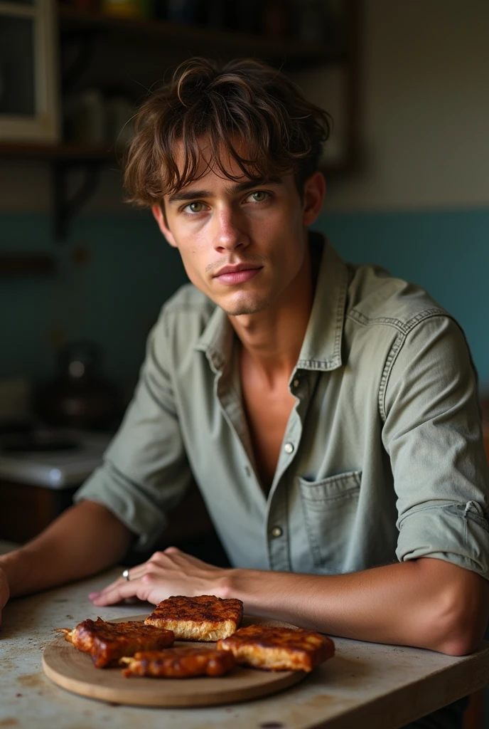 Young man , face perfect, honey eyes , skinny sexy , He's wearing a simple shirt, muscular short straight rebellious hair, He's sitting at the table eating barbecue, dirty poor kitchen, falling apart, in favela , He's hungry , is 18 years old,