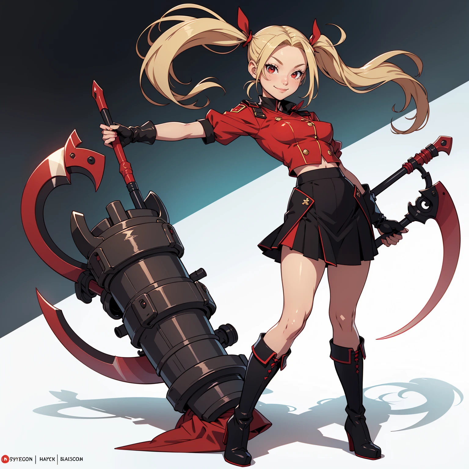Very detailed, smiling facial expression, figure, full body view, small breasts, blonde hair with twintails, red eyes, looking at viewer, black and red uniform, skirt, black boots, holding scythe, sexy pose.