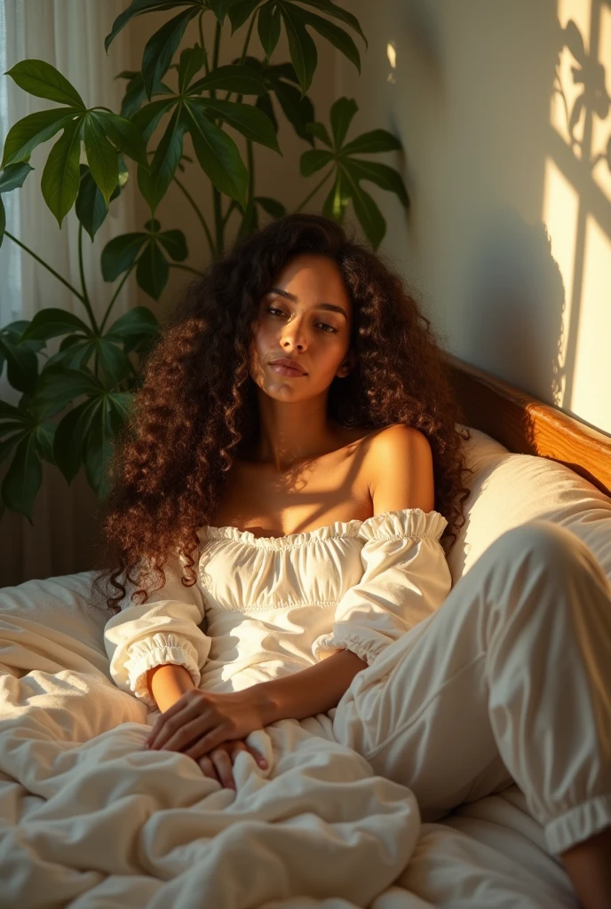 (photorealism:1.2), beautiful woman, sitting on bed, wearing loose off-shoulder top, pajama pants, long curly hair, indoors, soft lighting, plants in background, window with sunlight, cozy room, relaxed pose, realistic, intricate details, warm colors, by Greg Rutkowski, by Alphonse Mucha