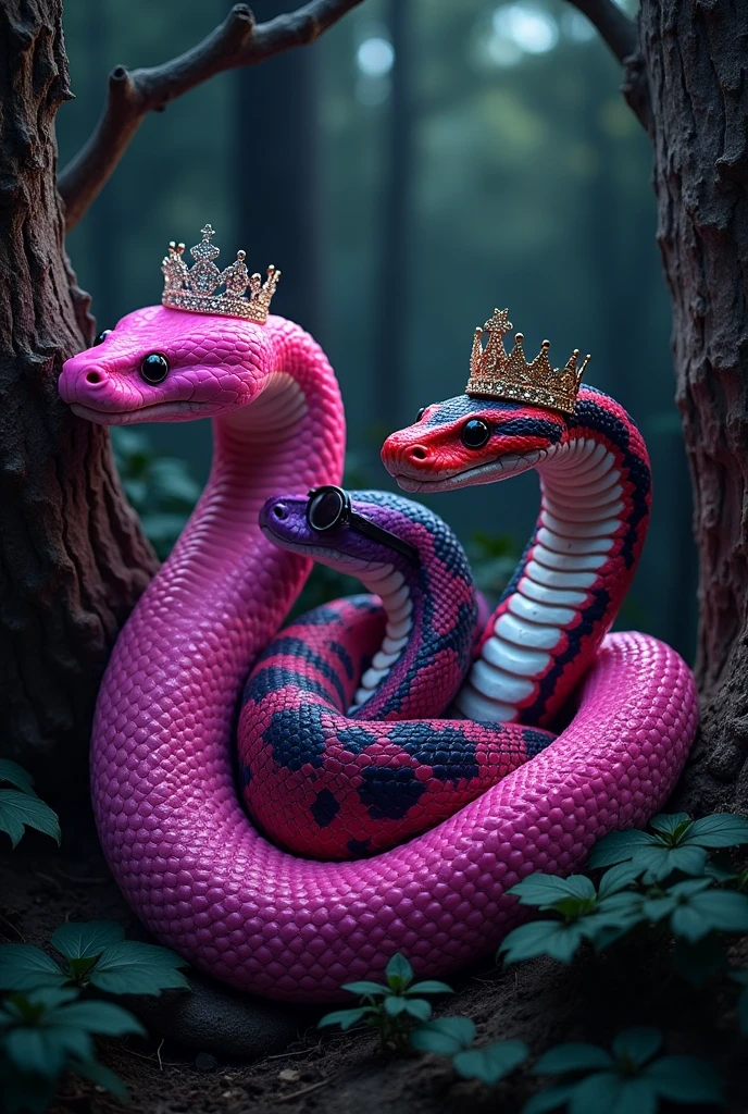three boa constrictor, like LOLA BOA from Brandy & Mr. Whisker, together like Regina, Karen and Gretchen from MEAN GIRLS.
One boa neon pink with a princess tiara, the other boa red white and black with black neorave sunglasses, and the other boa neon purple with a queen crown, together in a black forest.