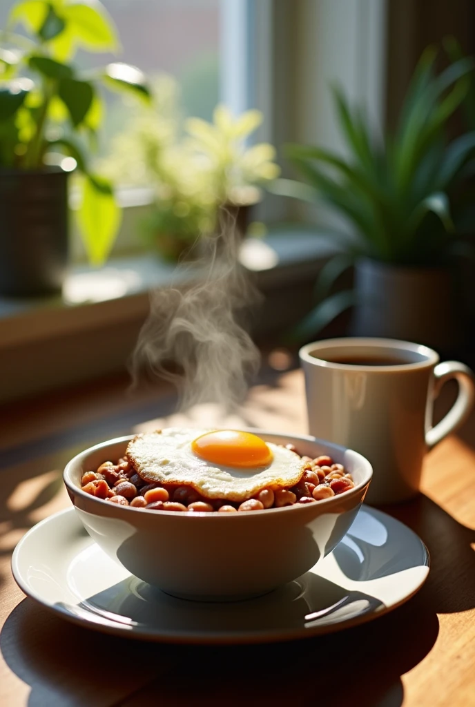 Image of a breakfast of blended beans, with cream and fried egg with a coffee next to it taken from the first person 