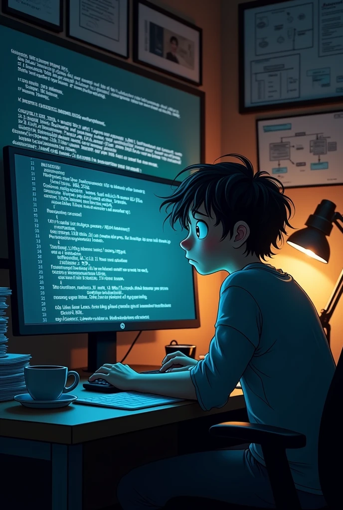 boy without bald head,sitting at desk talking on radio with pc monitors in front showing FT(