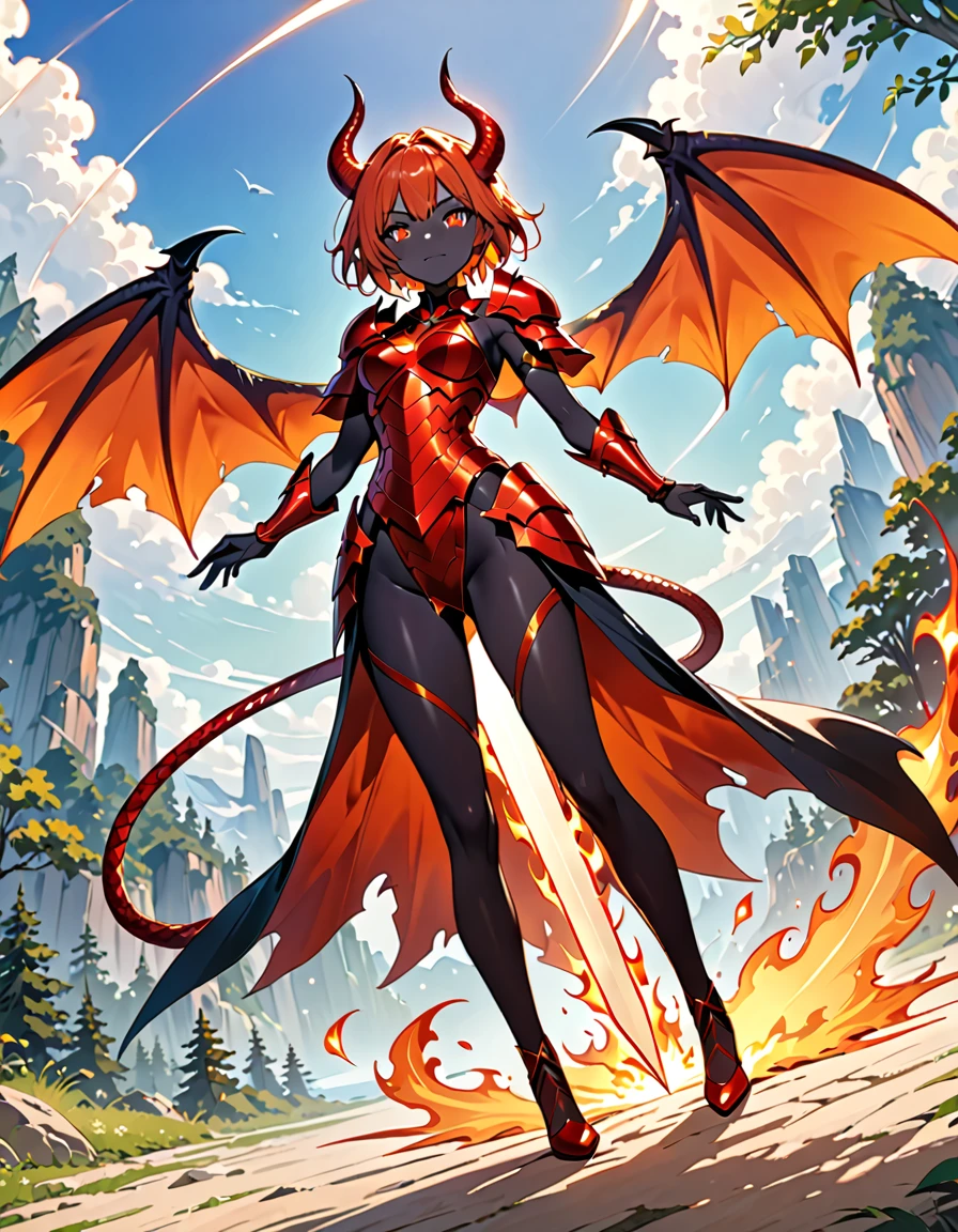 (((masterpiece, best quality, high detailed, 16k))) hzk (1girl) A fierce dragon rider with wild, fiery orange hair and blazing red eyes. She wears a suit of dragon-scale armor that shimmers in shades of red and gold, and a large sword is strapped to her back. She stands confidently beside her dragon, her hand resting on its massive neck. ((full body view))
,(devil:1.3), (dynamic angle:1.2),(pure black skin:1.3)