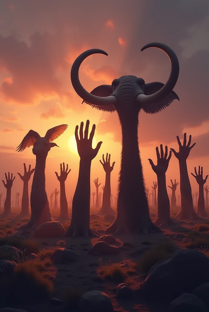 Protest march of extinct animals where only their animal hands come out saying no to extinction 
