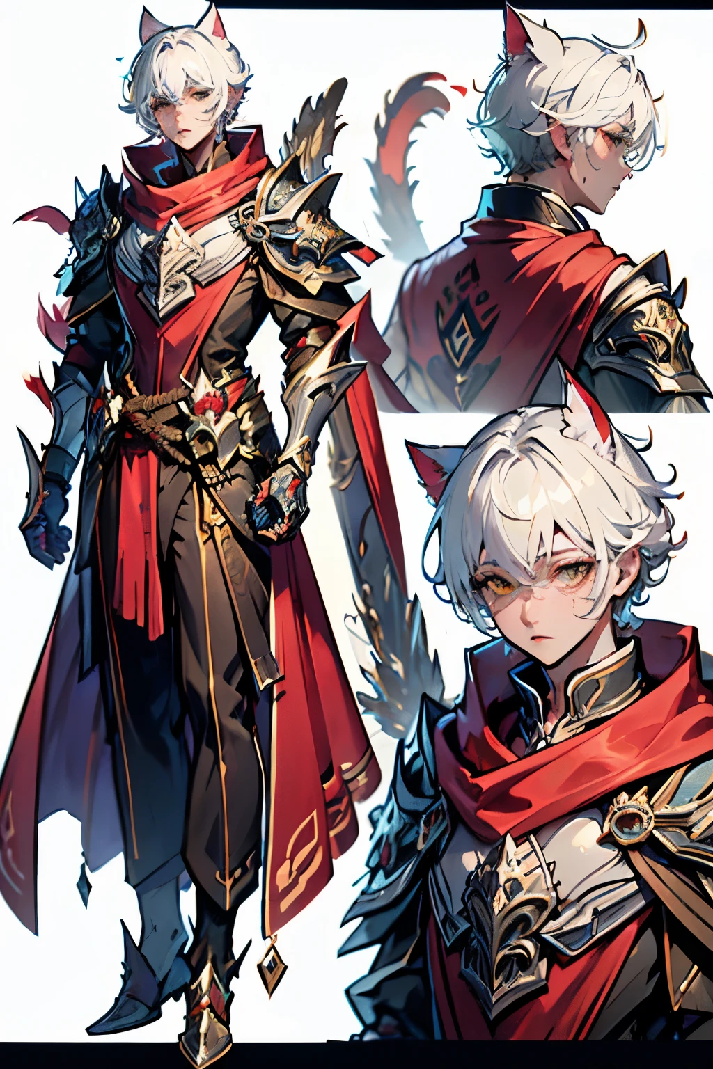 ((masterpiece)),(((best quality))),(character design sheet,same character,front,side,back),illustration,1 adult man,(white hair), haircut with bangs on one side,beautiful eyes, catboy with white hair，handsome man, fantasy clothes, Genshin Impact, man tall, yellow eyes, cat ears, cat tail, white hair, many layers clothing, Environment change, pose too, magic, charturnbetalora, (simple background, white background: 1.3), clothing of a medieval battle (mage)