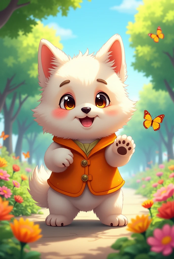 Anime style drawing of a furry dog, one of those whose fur covers their old, big eyes. (lead and white color) with a large orange vest showing its paw