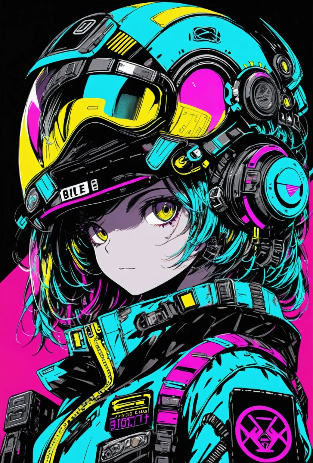 (masterpiece,Highest quality,Super detailed,Ultra-high resolution,Detailed Background),((cyber punk)),((Flat Color)),((colorful)),(One person),pilot,pilot helmet,pilot jacket,View your viewers,alone,Upper Body,Colored Background,High Contrast,Contrasting colors,Cowboy Shot,