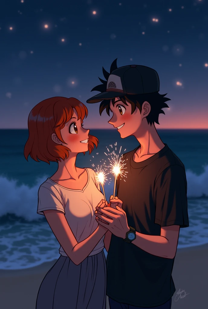 Draw a picture of Ash and Misty as adults on the beach at night holding fireworks as a couple.
Let her have her orange and short hair.
He has his black hair and a black cap.
Misty is wearing Ash's shirt over her shoulders.