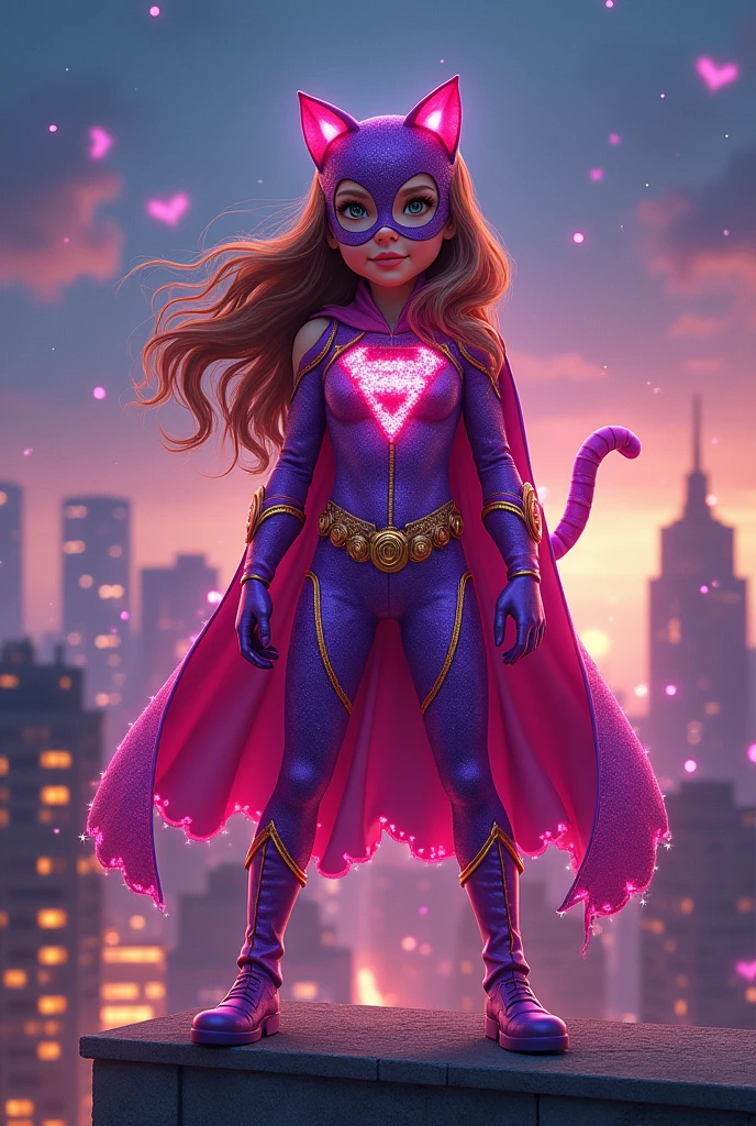 Superhero girl with a pink, purple, and gold cat costume