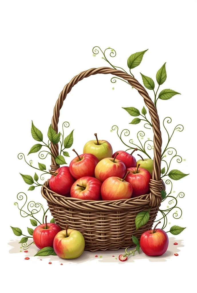 ""A rustic basket overflowing with apples, surrounded by tangled leaves and curly vines, anime,one line,clean and minimalistic line,line drawing style, pure white background. 