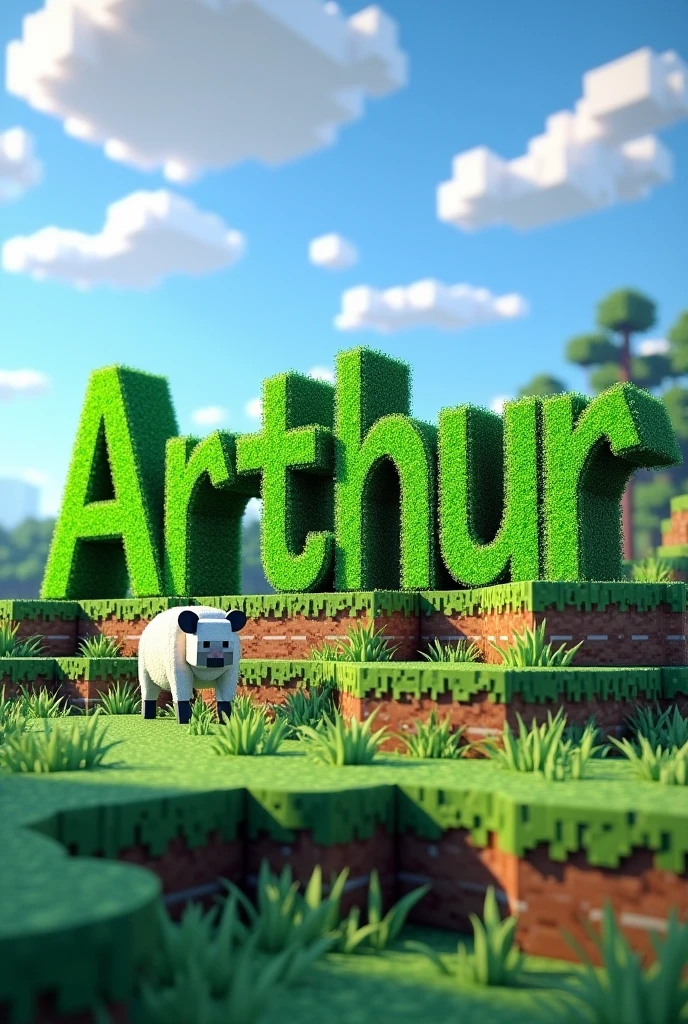 The name Arthur written in Minecraft grass blocks and a sheep eating the grass (Minecraft background)