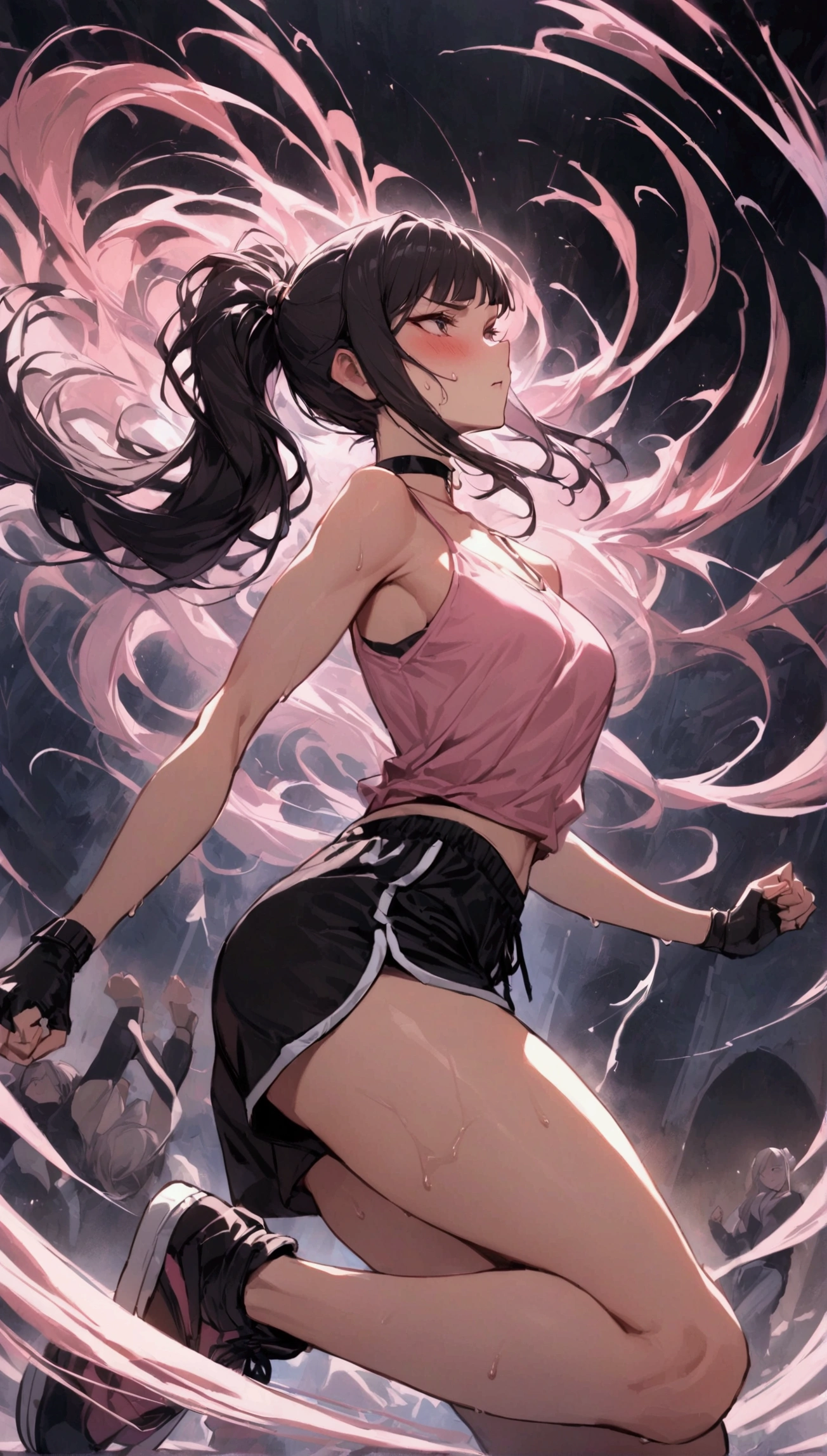{{masterpiece}}, {{{Highest quality}}},{{Very detailed}}{{female martial artist}},{{Female fighters are sparring in the ring and struggling.}},{{}},solo,1girl, {{Very slim legs:1.2}},slim body,{{}},{{}},Mature Women,Dynamic composition、Dutch Angle,from side,Focus on thighs,,v-shaped eyebrows.profound,Bad mood,blush,Sweat,{{clavicle:1.4}},{{}},,choker,,,,black fingerless gloves,dolphin shorts, Pink camisole, long hair,ponytail Blunt bangs,high-cut sneakers,On the ring,Small crowd outside the ring
